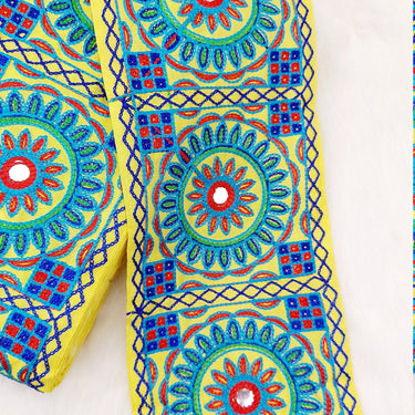 Indian Yellow Fabric Trim, Mirror Floral Kutch Embroidered, Decorative Trim